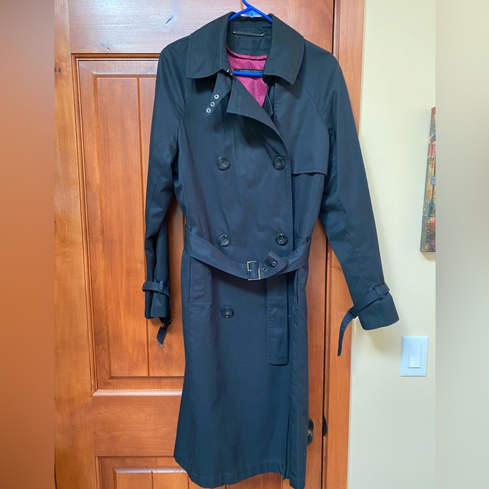 London Fog belted black trench coat, medium, with removable (zip) warm lining